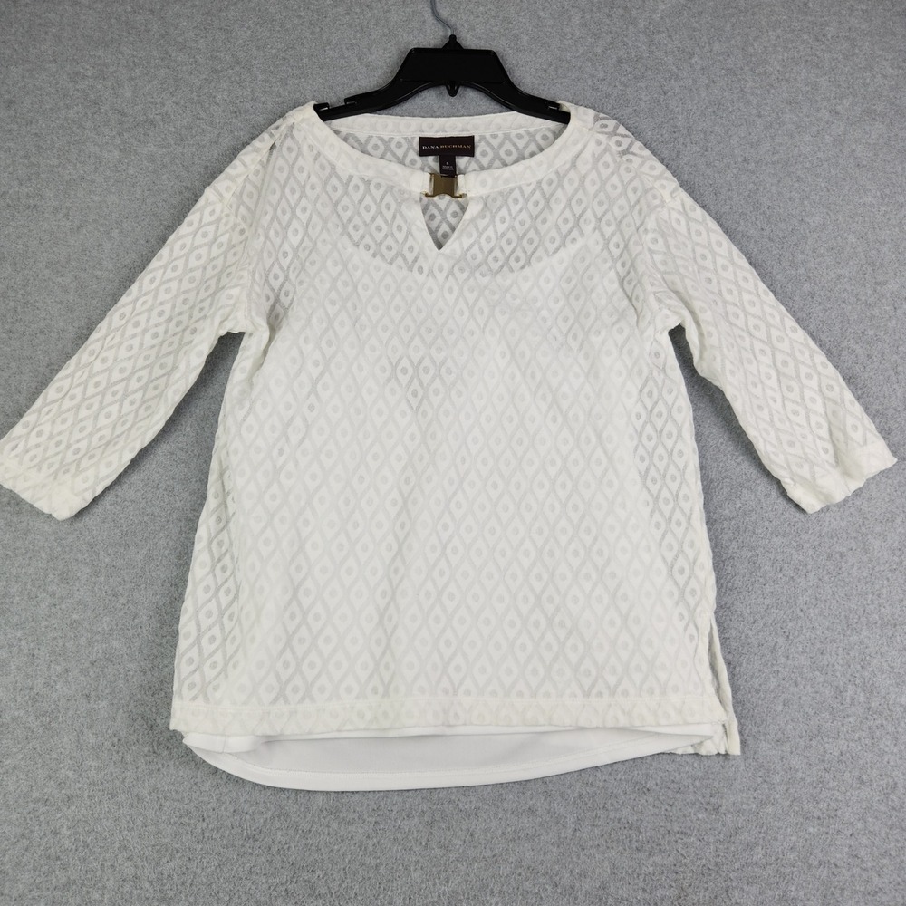 Dana Buchman Blouse Womens S White Geometric Lace 3/4 Sleeve Keyhole Gold Detail